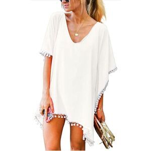 NEW Swimsuit Cover Ups V-Neck Chiffon Tassel Bikini Swimwear OS